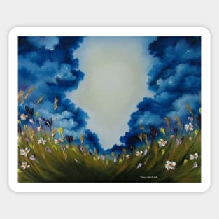 Skyscape, clouds art, flowers artwork, field of wild flowers print, nature landscape, sky of clouds, country decor, flowers decor Sticker